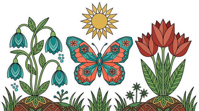Illustrazione vettoriale decorativa di primavera con una farfalla colorata, tulipani rossi, fiori blu pendenti e un sole stilizzato su sfondo bianco, ideale per design stagionali.
