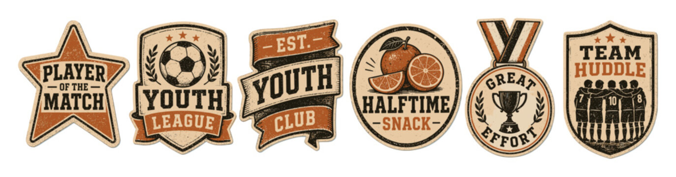 Vintage youth soccer badges and sports stickers featuring player of the match star, league emblem, halftime snack orange, and team huddle shield
