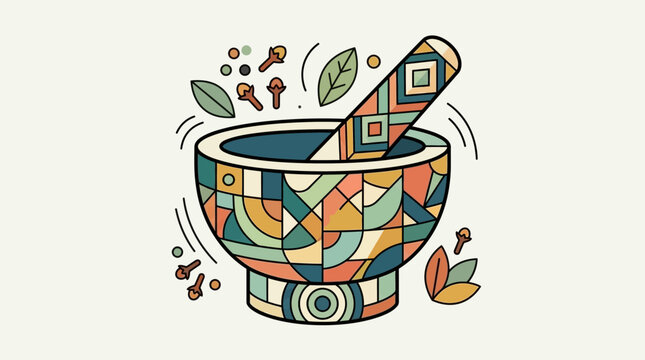 Ilustraci&oacute;n vectorial de un mortero y mano de mortero decorados con patrones geom&eacute;tricos coloridos, rodeados de especias, hojas y clavos de olor en un estilo art&iacute;stico y moderno.
