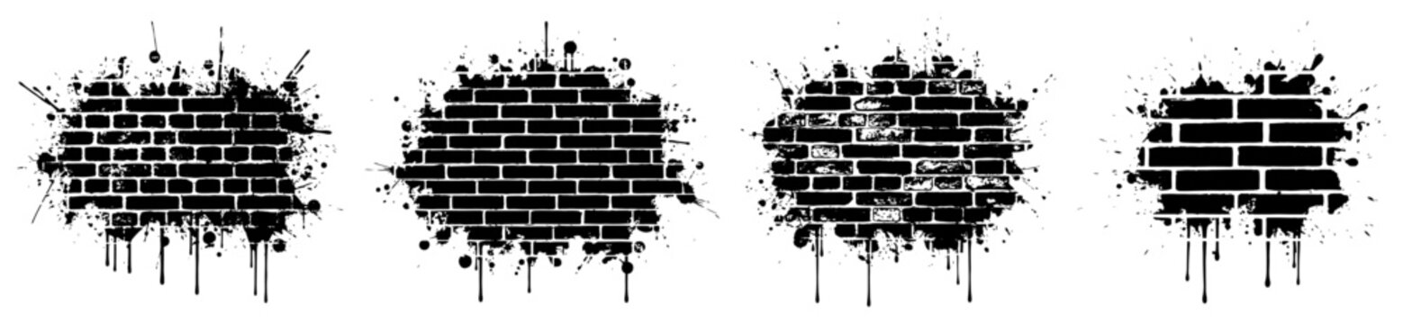 Brick wall elements with distressed grunge texture and paint drips