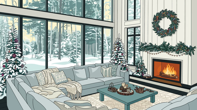 Accogliente soggiorno moderno decorato per Natale con un grande albero, camino acceso e vista panoramica su un bosco innevato attraverso ampie vetrate in una casa in stile scandinavo.
