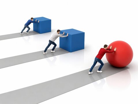 Businessmen pushing heavy blue cubes and red sphere on parallel tracks with business hardwork challenge
