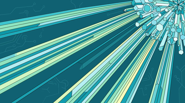 Fondo abstracto digital con l&iacute;neas de luz din&aacute;micas y formas geom&eacute;tricas hexagonales en tonos turquesa y azul que irradian desde una esquina creando un efecto de velocidad y tecnolog&iacute;a.