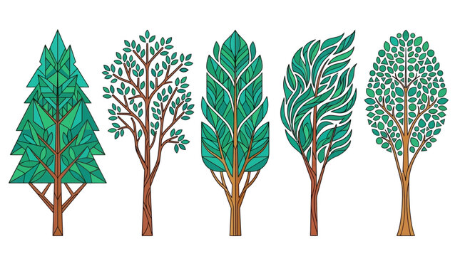 Conjunto de cinco &aacute;rboles estilizados con dise&ntilde;os geom&eacute;tricos y org&aacute;nicos en tonos verdes sobre un fondo blanco, ideales para ilustraciones bot&aacute;nicas, dise&ntilde;o gr&aacute;fico y proyectos de naturaleza.