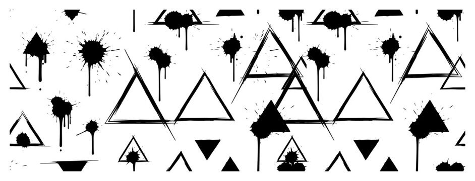 Triangle outline shapes with ink splatters and paint drips in geometric abstract style