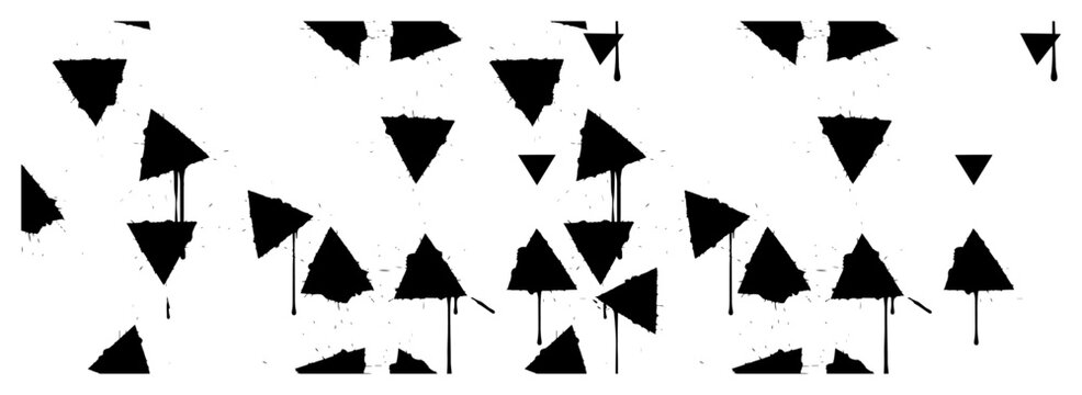 Scattered triangle shapes with distressed textures and paint drips in stencil style