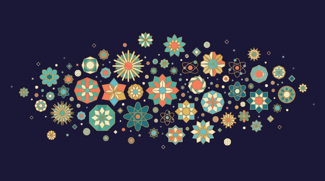 Composizione astratta con motivi floreali geometrici in stile mandala su sfondo blu scuro, ideale per decorazioni eleganti, design tessile o sfondi grafici moderni e raffinati.