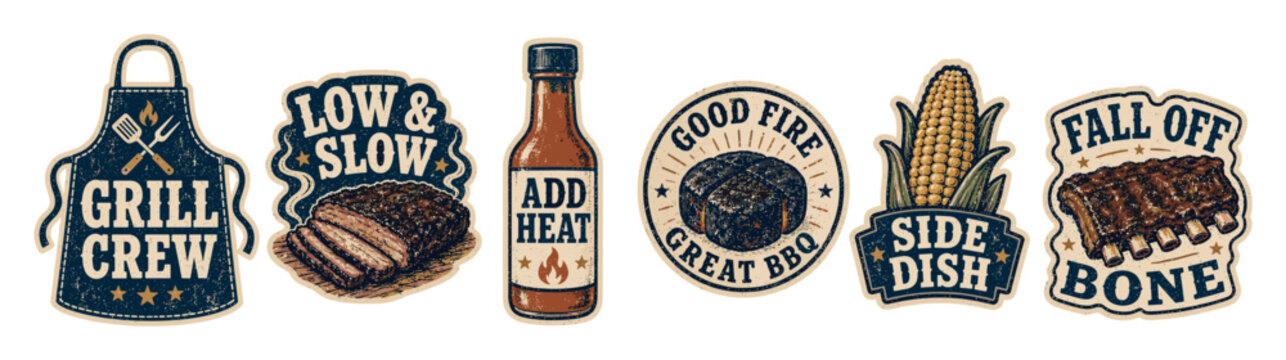 Barbecue stickers and labels collection featuring grill apron, brisket, hot sauce bottle, charcoal, corn, and ribs in vintage distressed style