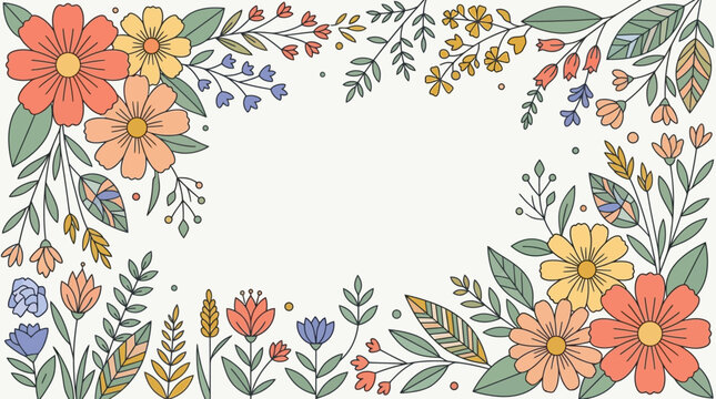 Una bellissima cornice floreale disegnata a mano con fiori colorati, foglie verdi e rami delicati su uno sfondo bianco pulito, ideale per inviti, biglietti d'auguri e decorazioni grafiche.