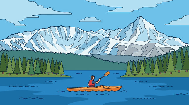 Illustrazione vettoriale di una persona che rema in kayak su un lago calmo circondato da una fitta foresta di pini con maestose montagne innevate sullo sfondo in una giornata limpida