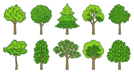 Fototapeta premium Set di dieci icone vettoriali di alberi stilizzati con diverse forme di chioma e fogliame verde, ideali per design naturalistici, progetti ambientali o illustrazioni grafiche.