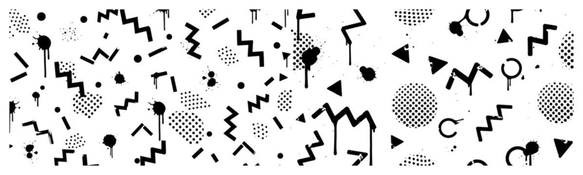 Memphis pattern banner with black geometric shapes and abstract elements