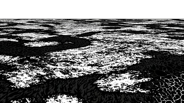 Un paesaggio astratto in bianco e nero con una prospettiva grandangolare che crea un effetto di profondit&agrave; dinamica, caratterizzato da texture organiche e contrasti grafici netti.