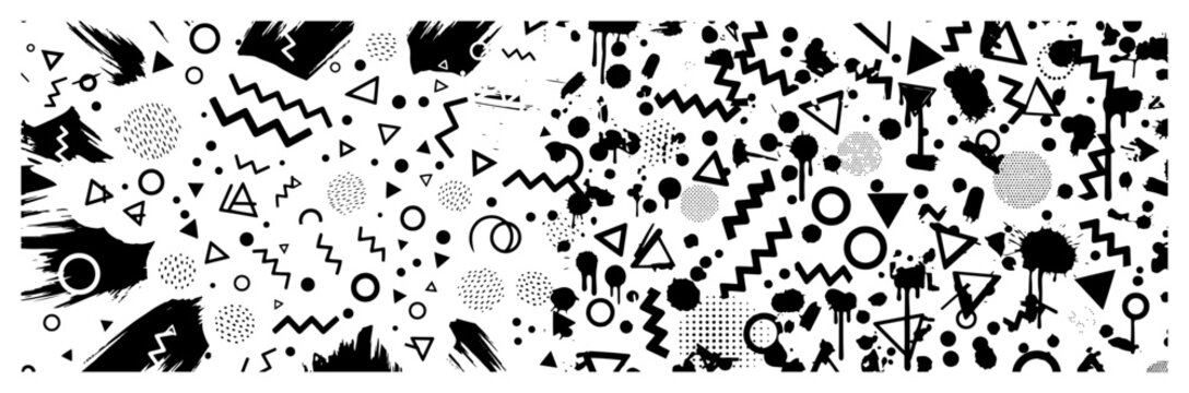 Memphis geometric pattern border with black ink splatters and abstract shapes