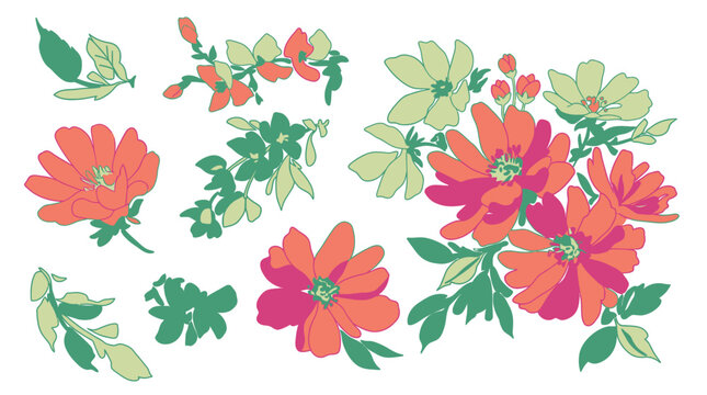 Set di illustrazioni vettoriali con fiori colorati, boccioli e foglie verdi su sfondo bianco, ideale per design decorativo, stampe tessili, biglietti d'auguri e progetti creativi.