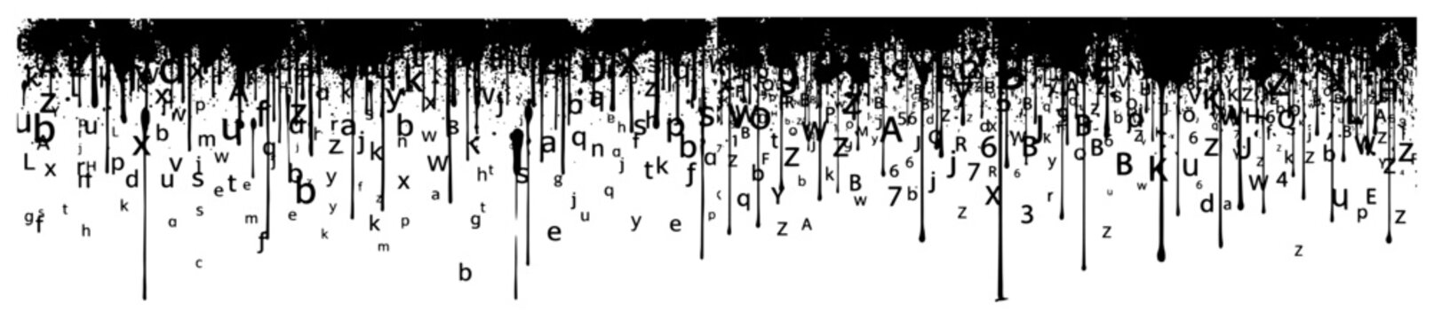 Typographic letters and numbers falling from dripping ink border in grunge style
