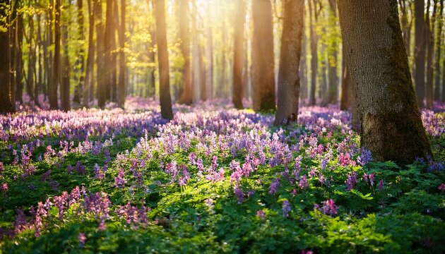 The Forest Is Covered With Corydalis Cava Flowers In Sunny Day Undercover Of The Tree Canopy