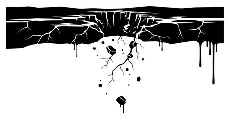 Cracked ground collapse with falling stones and debris in silhouette style © Wuszu
