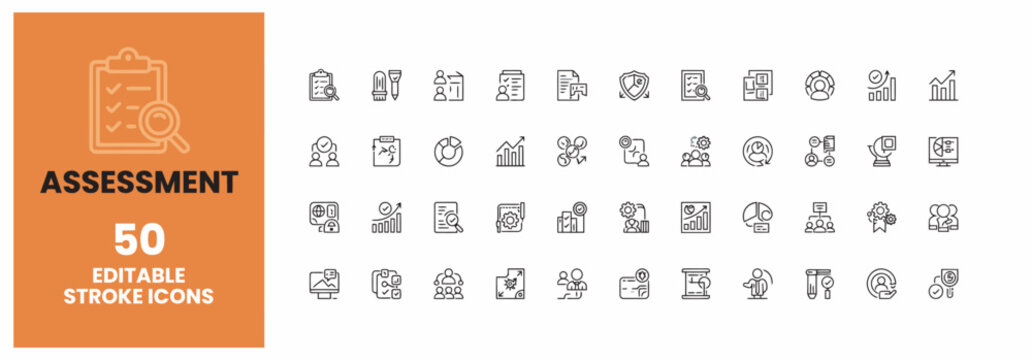 Set of fifty professional business assessment and evaluation line art vector icons
