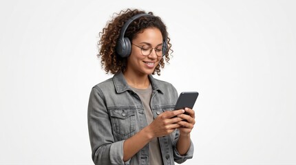 Fototapeta premium Young woman enjoying music with wireless headphones while using smartphone, smiling happily in casual outfit against neutral background