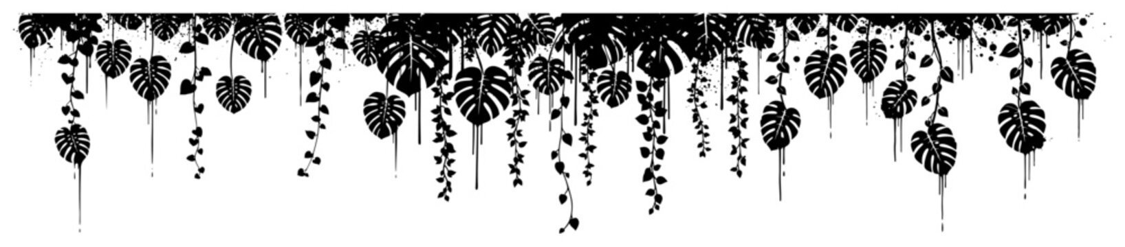 Tropical leaves and hanging vines as horizontal top border with paint splatters