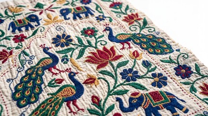 Fototapeta premium A vibrant textile featuring colorful embroidered peacocks and elephants in a traditional folk style.