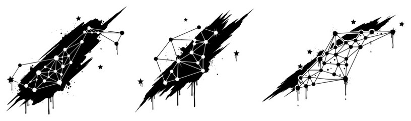 Plexus network constellation nodes on diagonal black paint brushstrokes © Wuszu