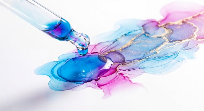 Close Up of a Glass Dropper Adding Vibrant Blue Ink to a Pink and Gold Alcohol Ink Art Creation.