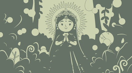 Fototapeta premium Urocza ilustracja przedstawiająca hinduską boginię w stylu kawaii z aureolą, składającą dłonie w geście modlitwy namaste pośród stylizowanej roślinności i kwiatów w odcieniach zieleni.