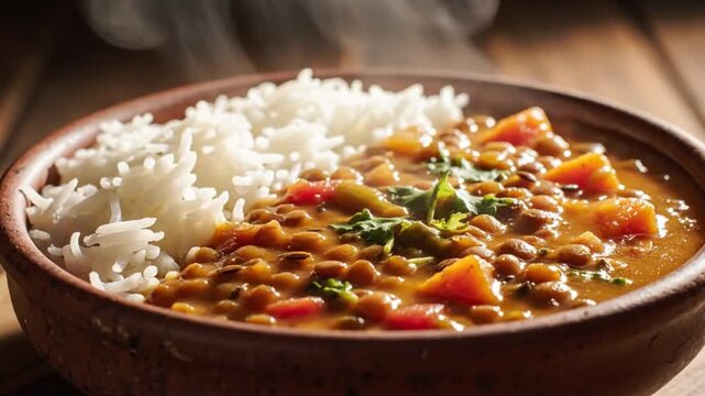 Delicious lentil curry dish with white rice served in a rustic ceramic bowl with steam rising