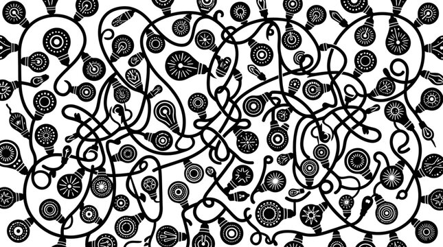 白黒の背景に複雑に絡み合った電球とケーブルが描かれた抽象的なグラフィックデザインで、アイデアや創造性、思考の混乱を表現したモダンでスタイリッシュなモノクロのイラストレーション素材です。