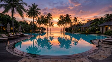 Fototapeta premium Luxury Resort Swimming Pool at Tropical Sunset with Palm Trees and Reflection