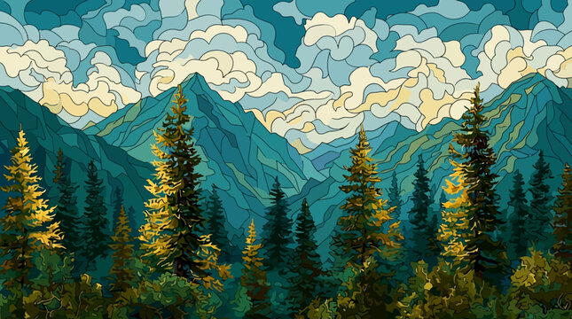 ステンドグラスのようなスタイルで描かれた美しい山々と針葉樹の森の風景イラスト、青と緑の色彩が調和する幻想的で芸術的な自然の景観。