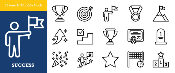 Fototapeta premium Success celebration medal award document and mountain top achievement icons.