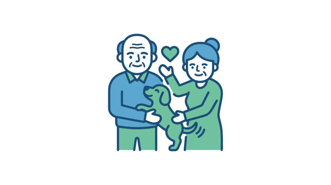Elderly Couple Holding Cute Dog Together.