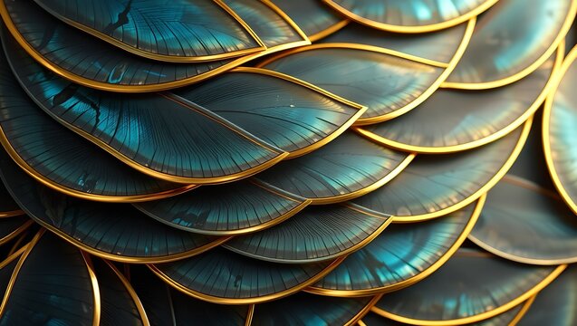 Luxurious Surreal Feather Pattern Background with Labradorite and Gold Inlay