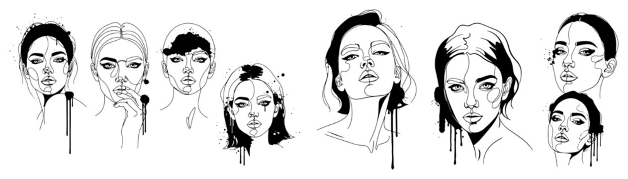 Female face line art portraits with artistic ink drips and splatters