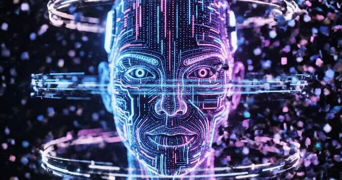 Digital Human Face Dissolving into Particles and Glitch Data Effects
