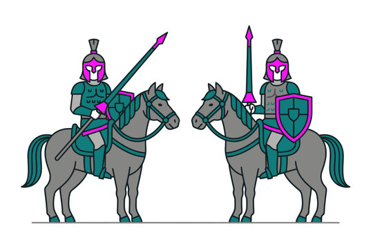Spartan warrior riding a horse with a spear in a flat vector style