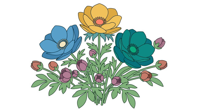 Piękna ilustracja bukietu kolorowych kwiat&oacute;w anemone z pąkami i zielonymi liśćmi, wykonana w stylu płaskiego rysunku wektorowego na czystym białym tle dla projekt&oacute;w graficznych.