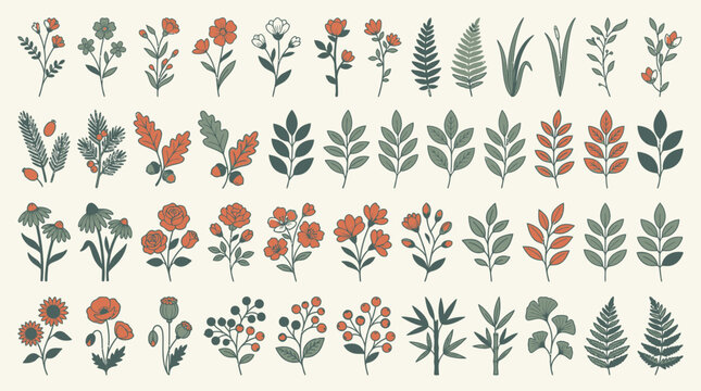 Zestaw ręcznie rysowanych element&oacute;w botanicznych z kwiatami, liśćmi, paprociami i gałązkami w stylu vintage, idealny do projekt&oacute;w graficznych, zaproszeń ślubnych i dekoracji.