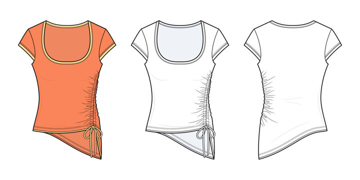 Y2K Ruched Side Cap Sleeve Scoop Neck Baby Tee Technical Fashion Flat Sketch CAD Vector Template. Front and Back View Blank T-Shirt Mockup Design set. 