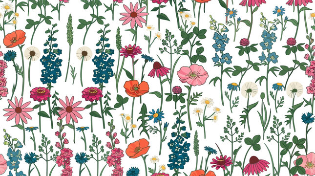 Bezszwowy wz&oacute;r z kolorowymi polnymi kwiatami na białym tle, przedstawiający ręcznie rysowane botaniczne ilustracje mak&oacute;w, dzwonk&oacute;w i stokrotek w stylu retro.