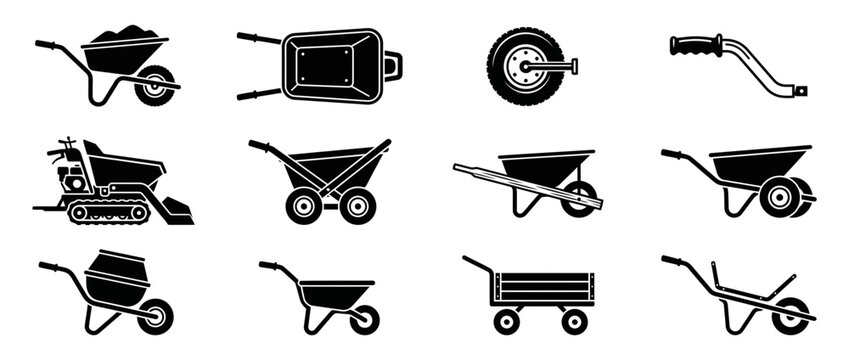 Wheelbarrow and Garden Cart Silhouette Icon Set for Construction and Landscaping