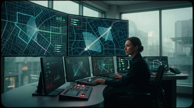 A remote fleet dispatcher monitoring autonomous delivery vehicles from a high-tech logistics hub. Multiple dashboard monitors display clean vector maps with glowing route lines, vehicle status 