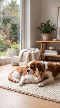 Cavalier king charles spaniel dog and ginger cat sleeping together with cavalier sleeping friendly friendship companion domestic