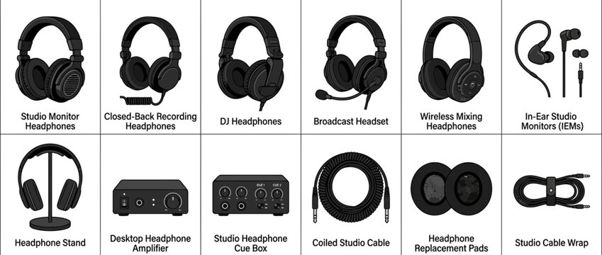 Professional Studio Headphone and Audio Equipment Collection Vector Illustration