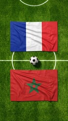 Obraz premium Soccer match between france and morocco flags on green grass pitch with competition football national tournament championship athletic