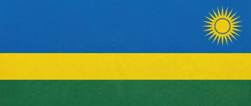 The flag of Rwanda, a national symbol of pride and unity, featuring a blue, yellow, and green horizontal design with a sun emblem