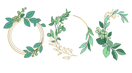 Zestaw eleganckich ramek botanicznych z zielonymi liśćmi, jagodami i złotymi liniami, idealne do zaproszeń ślubnych, kartek okolicznościowych oraz projektów graficznych w stylu eko. © Sintya
